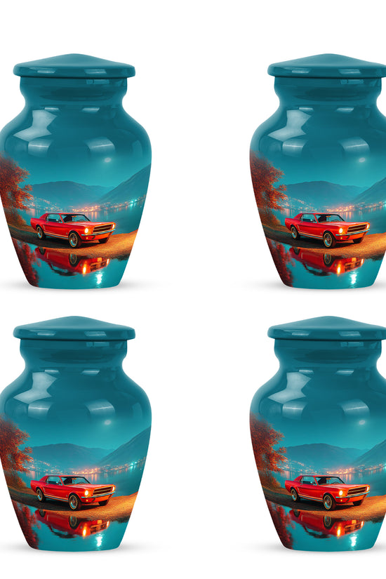 Sea Green Teal Car Cremation Urn side profile showing urn shape - classic sculpted car pattern on smooth aluminum - 10 inch aluminum urn for cremated remains