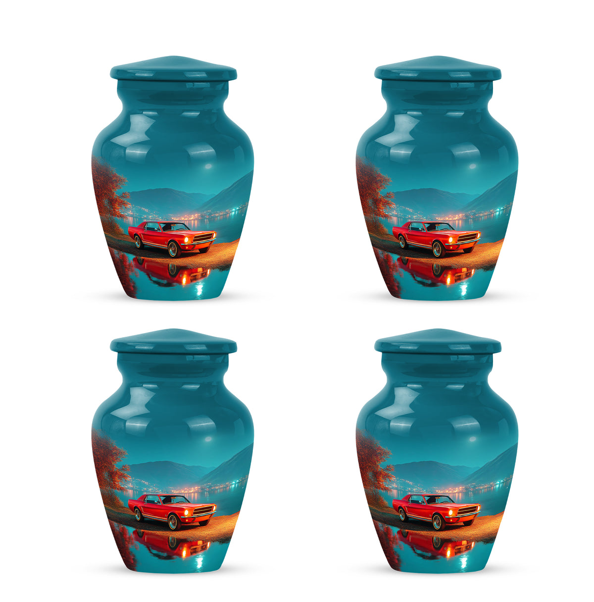Sea Green Teal Car Cremation Urn side profile showing urn shape - classic sculpted car pattern on smooth aluminum - 10 inch aluminum urn for cremated remains