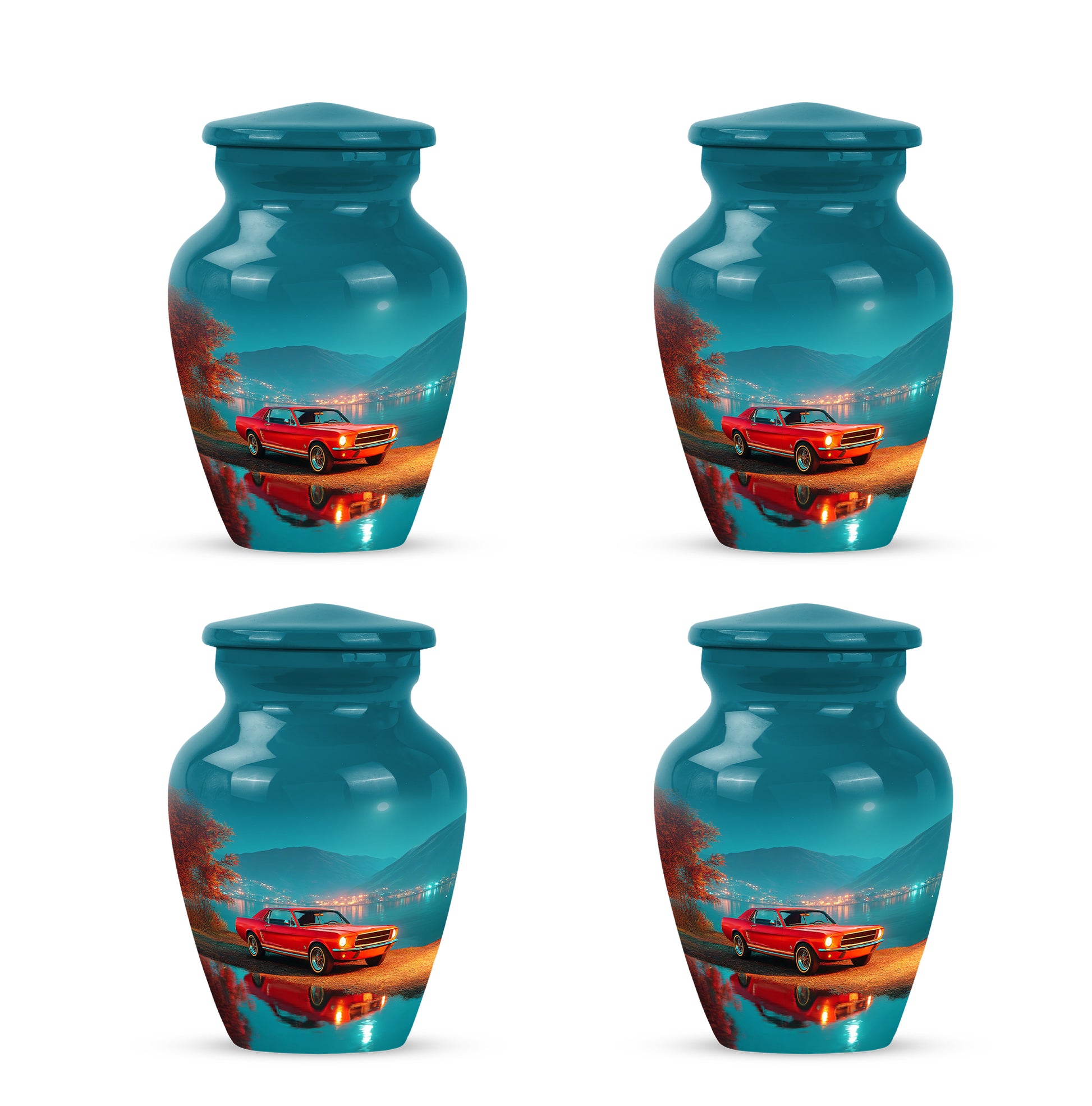 Sea Green Teal Car Cremation Urn side profile showing urn shape - classic sculpted car pattern on smooth aluminum - 10 inch aluminum urn for cremated remains