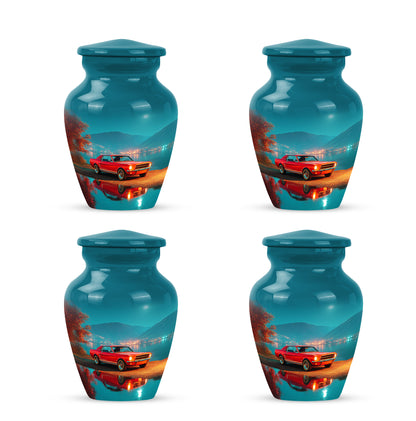 Sea Green Teal Car Cremation Urn side profile showing urn shape - classic sculpted car pattern on smooth aluminum - 10 inch aluminum urn for cremated remains