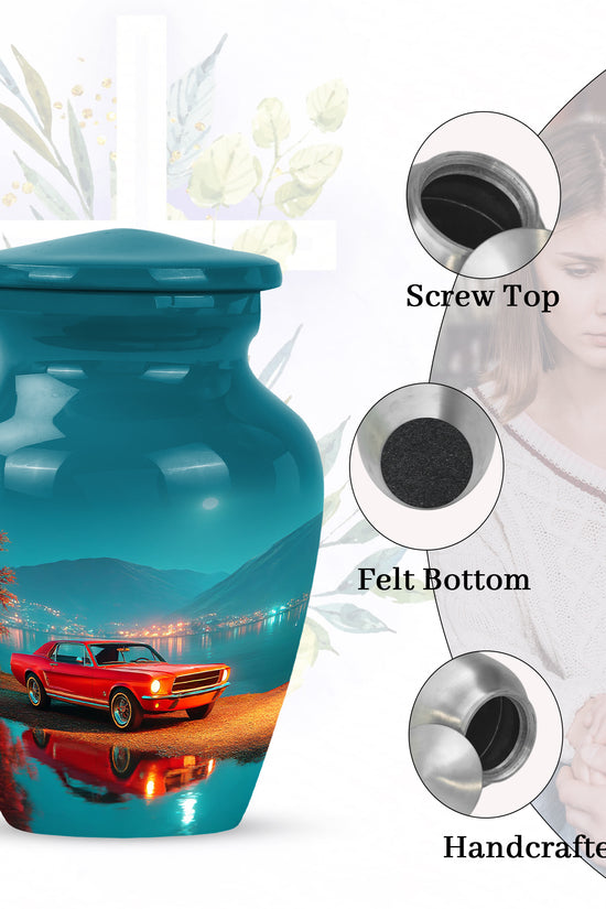 Vivid Teal Car Cremation Urn close-up of engraving and surface detail - elegant classic car relief with fine detailing - mini keepsake memorial for portion of cremation ashes