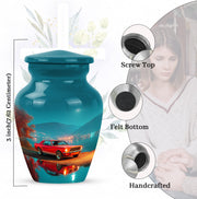 Vivid Teal Car Cremation Urn close-up of engraving and surface detail - elegant classic car relief with fine detailing - mini keepsake memorial for portion of cremation ashes