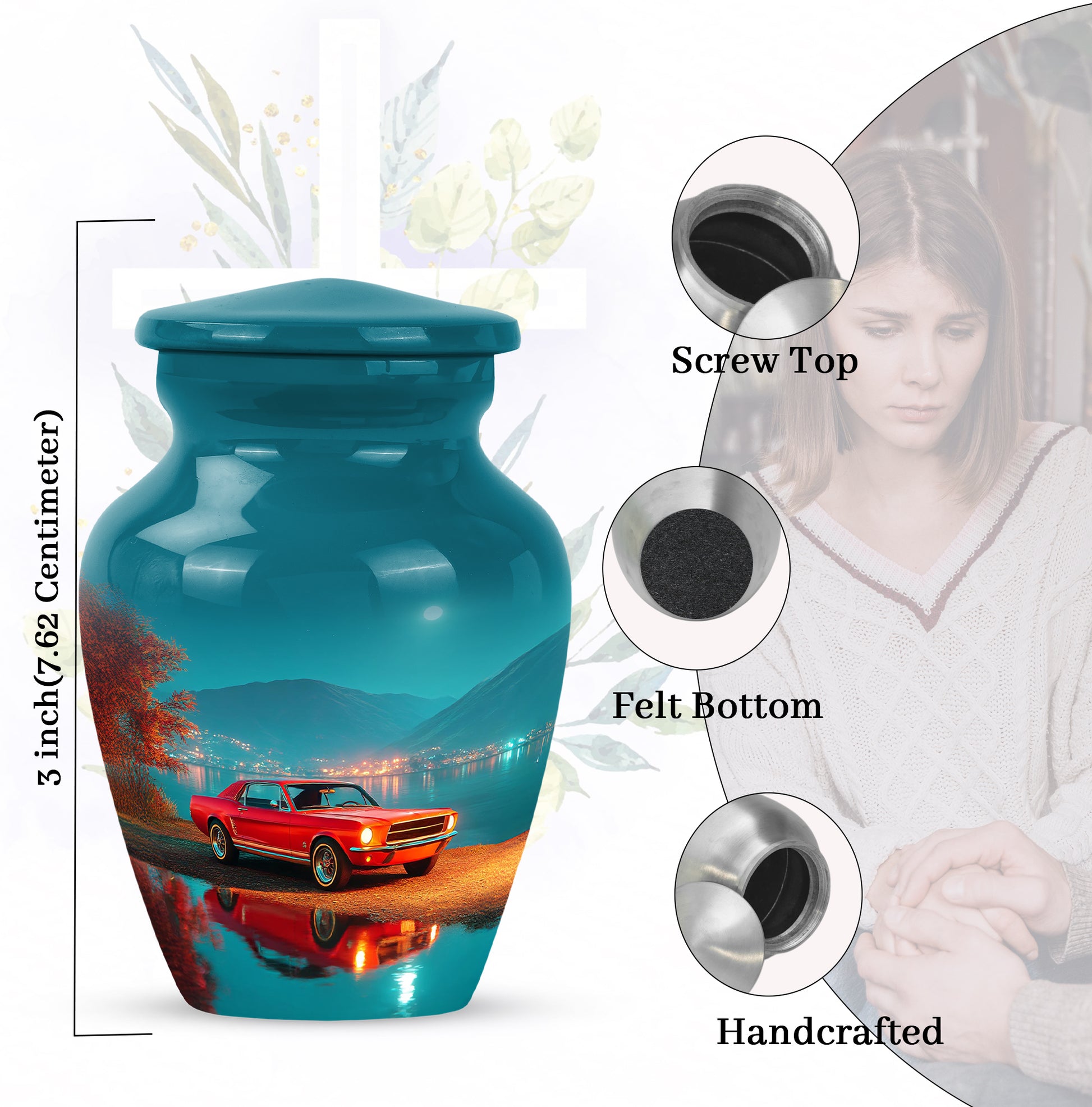 Vivid Teal Car Cremation Urn close-up of engraving and surface detail - elegant classic car relief with fine detailing - mini keepsake memorial for portion of cremation ashes