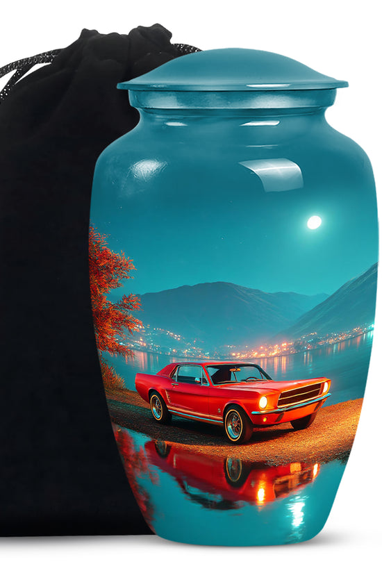Vivid Teal Car Cremation Urn angled view of lid and engraved motif - elegant classic car relief with fine detailing - full-size 10 inch 200 cubic inch adult cremation urn