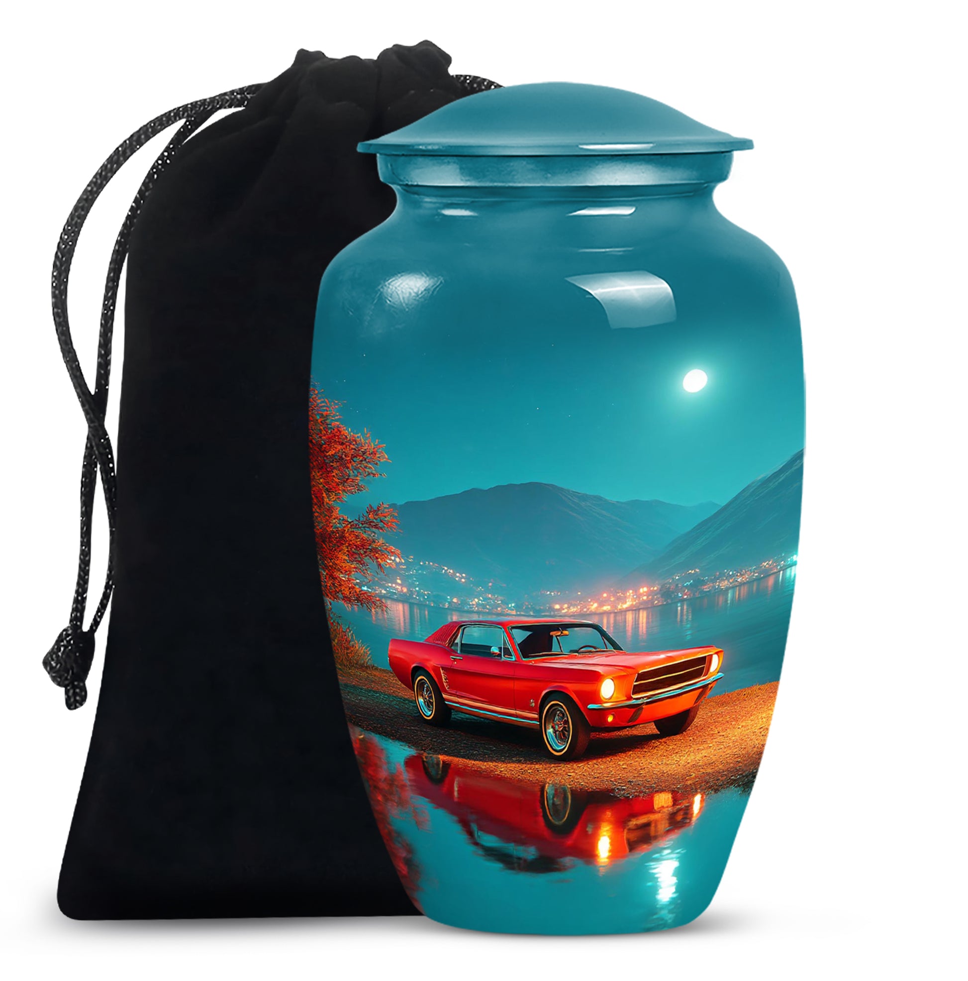 Vivid Teal Car Cremation Urn angled view of lid and engraved motif - elegant classic car relief with fine detailing - full-size 10 inch 200 cubic inch adult cremation urn