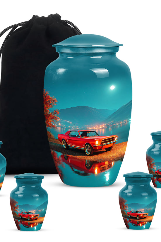 Mystic Teal Car Cremation Urn top-down view of secure threaded lid - traditional car engraving with hand-polished finish - memorial set with one large and four small urns