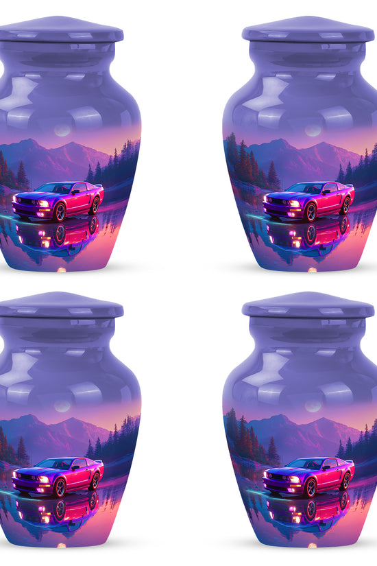 Bright Blue Car Cremation Urn side profile showing urn shape - elegant classic car relief with fine detailing - 10 inch aluminum urn for cremated remains