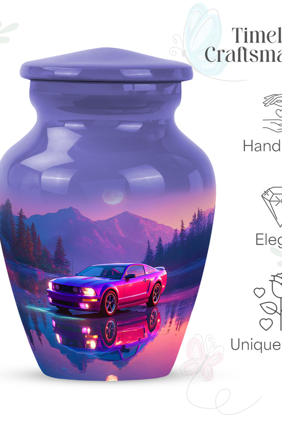 Pastel Blue Car Cremation Urn close-up of engraving and surface detail - classic sculpted car pattern on smooth aluminum - mini keepsake memorial for portion of cremation ashes