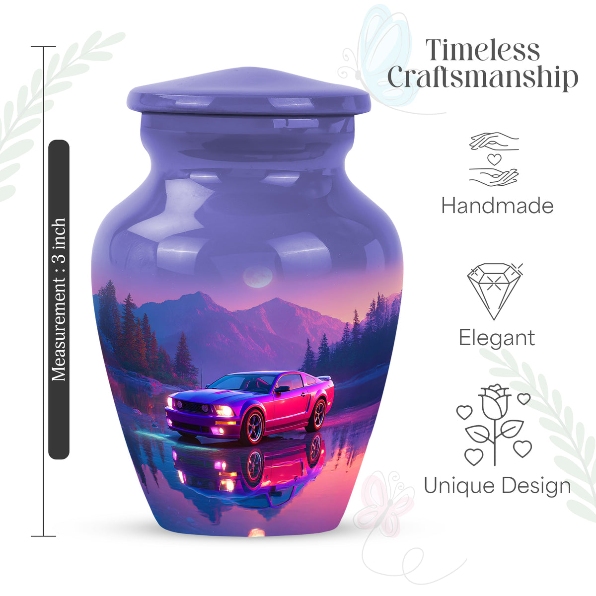 Pastel Blue Car Cremation Urn close-up of engraving and surface detail - classic sculpted car pattern on smooth aluminum - mini keepsake memorial for portion of cremation ashes