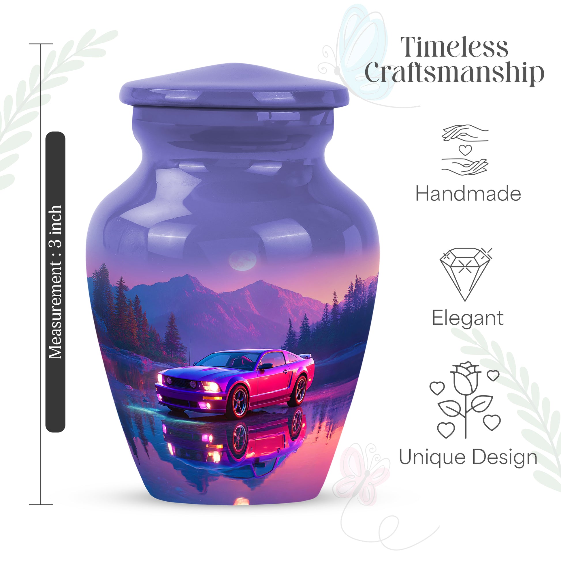 Pastel Blue Car Cremation Urn close-up of engraving and surface detail - classic sculpted car pattern on smooth aluminum - mini keepsake memorial for portion of cremation ashes