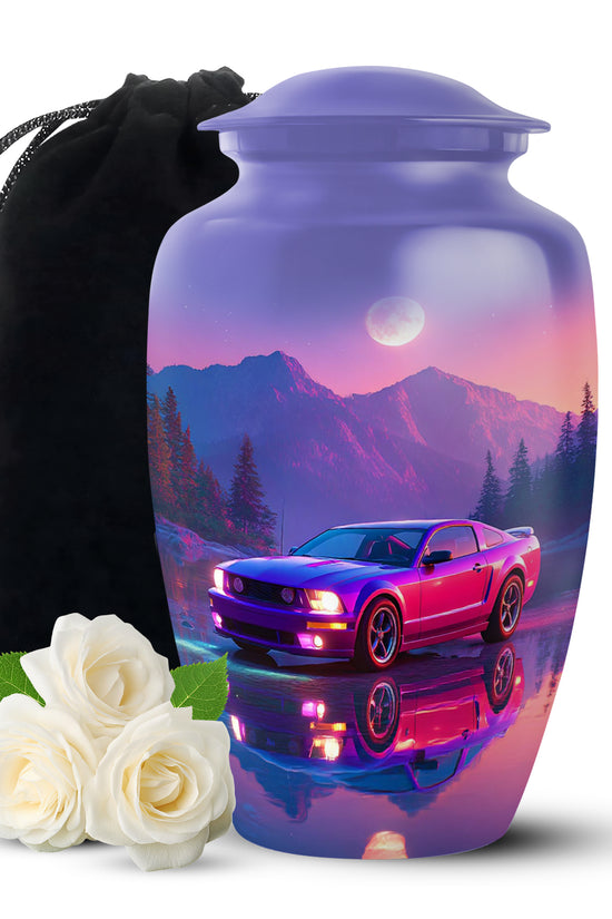 Dusty Blue Car Cremation Urn angled view of lid and engraved motif - timeless car motif etched into premium metal - full-size 10 inch 200 cubic inch adult cremation urn