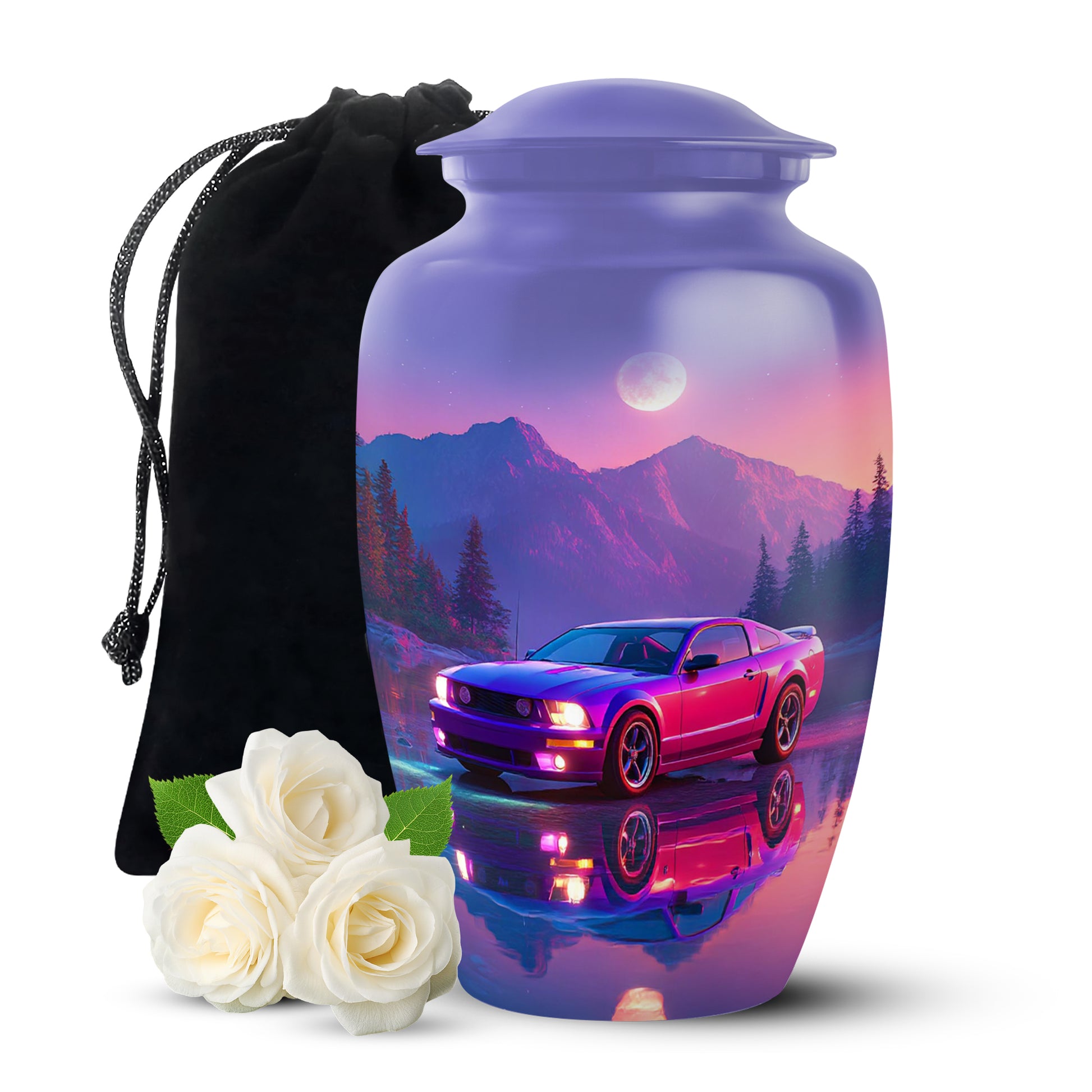 Dusty Blue Car Cremation Urn angled view of lid and engraved motif - timeless car motif etched into premium metal - full-size 10 inch 200 cubic inch adult cremation urn