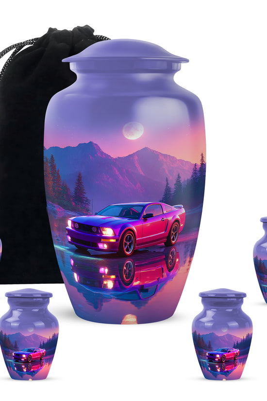 Sapphire Blue Car Cremation Urn top-down view of secure threaded lid - traditional car engraving with hand-polished finish - memorial set with one large and four small urns