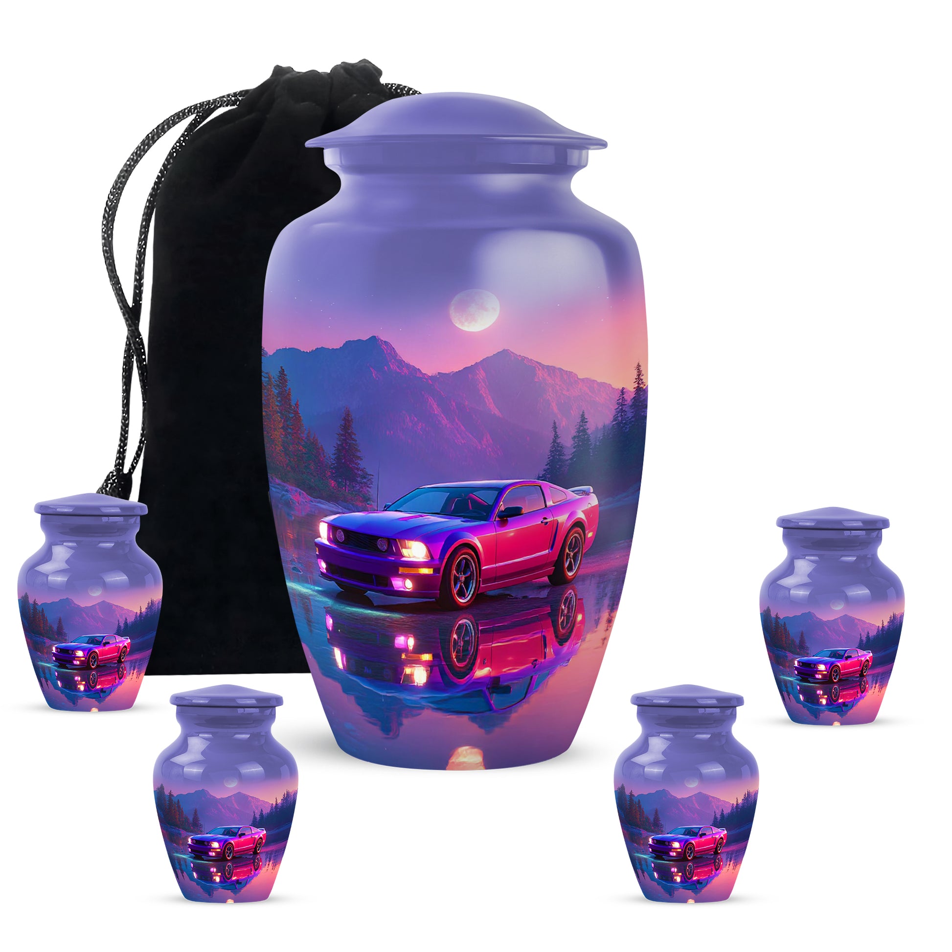 Sapphire Blue Car Cremation Urn top-down view of secure threaded lid - traditional car engraving with hand-polished finish - memorial set with one large and four small urns