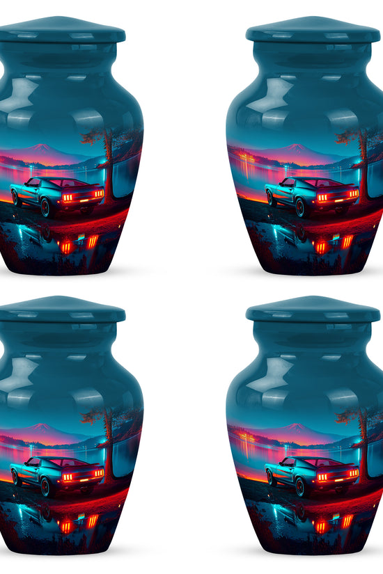 Navy Blue Car Cremation Urn side profile showing urn shape - classic sculpted car pattern on smooth aluminum - 10 inch aluminum urn for cremated remains