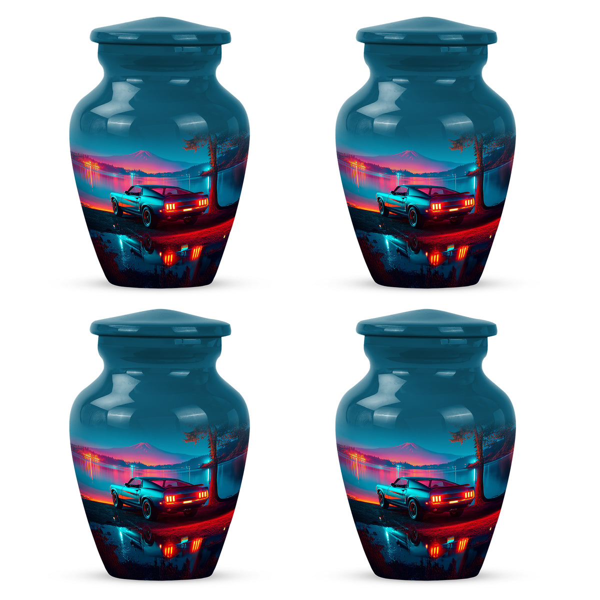 Navy Blue Car Cremation Urn side profile showing urn shape - classic sculpted car pattern on smooth aluminum - 10 inch aluminum urn for cremated remains