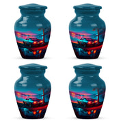Navy Blue Car Cremation Urn side profile showing urn shape - classic sculpted car pattern on smooth aluminum - 10 inch aluminum urn for cremated remains