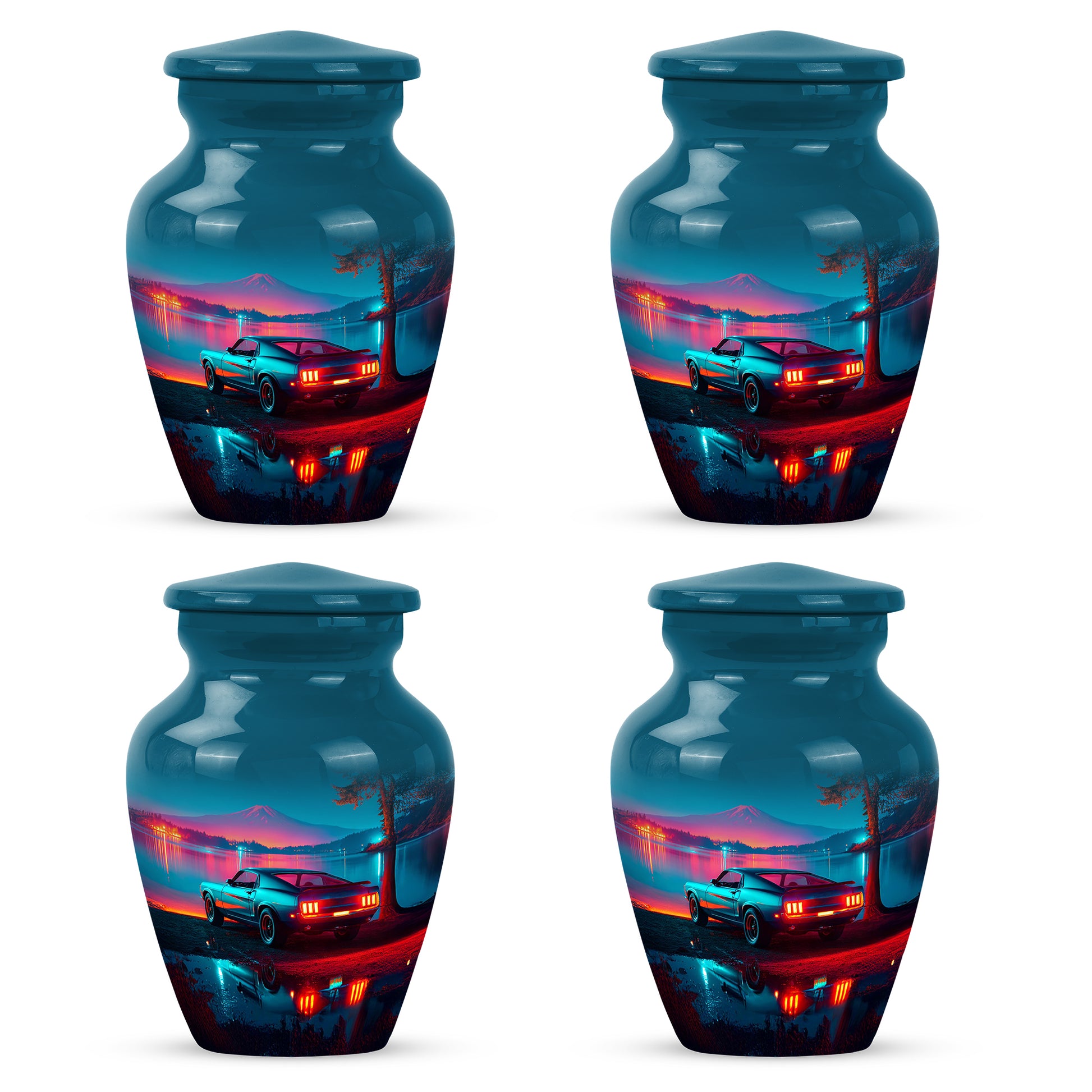 Navy Blue Car Cremation Urn side profile showing urn shape - classic sculpted car pattern on smooth aluminum - 10 inch aluminum urn for cremated remains