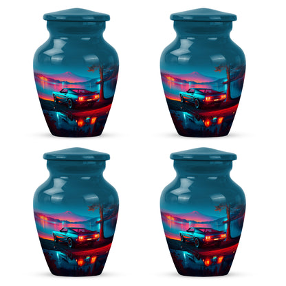Navy Blue Car Cremation Urn side profile showing urn shape - classic sculpted car pattern on smooth aluminum - 10 inch aluminum urn for cremated remains