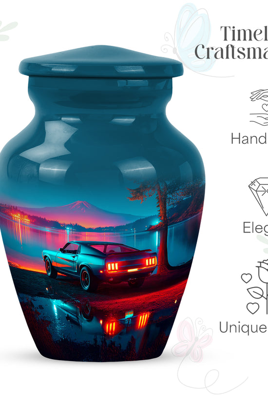 Serene Blue Car Cremation Urn close-up of engraving and surface detail - elegant classic car relief with fine detailing - mini keepsake memorial for portion of cremation ashes