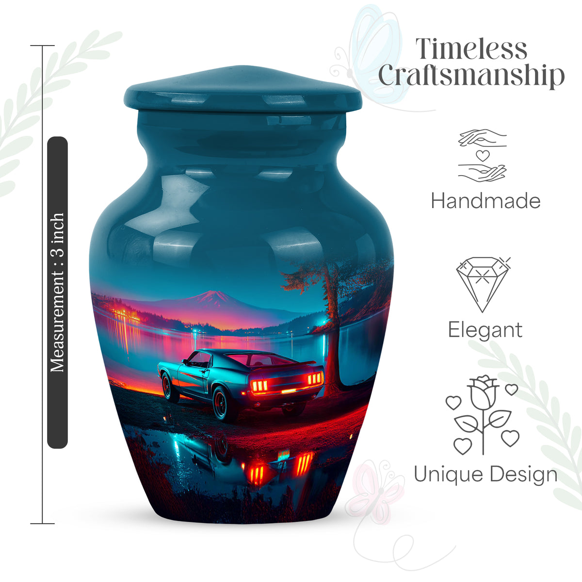 Serene Blue Car Cremation Urn close-up of engraving and surface detail - elegant classic car relief with fine detailing - mini keepsake memorial for portion of cremation ashes