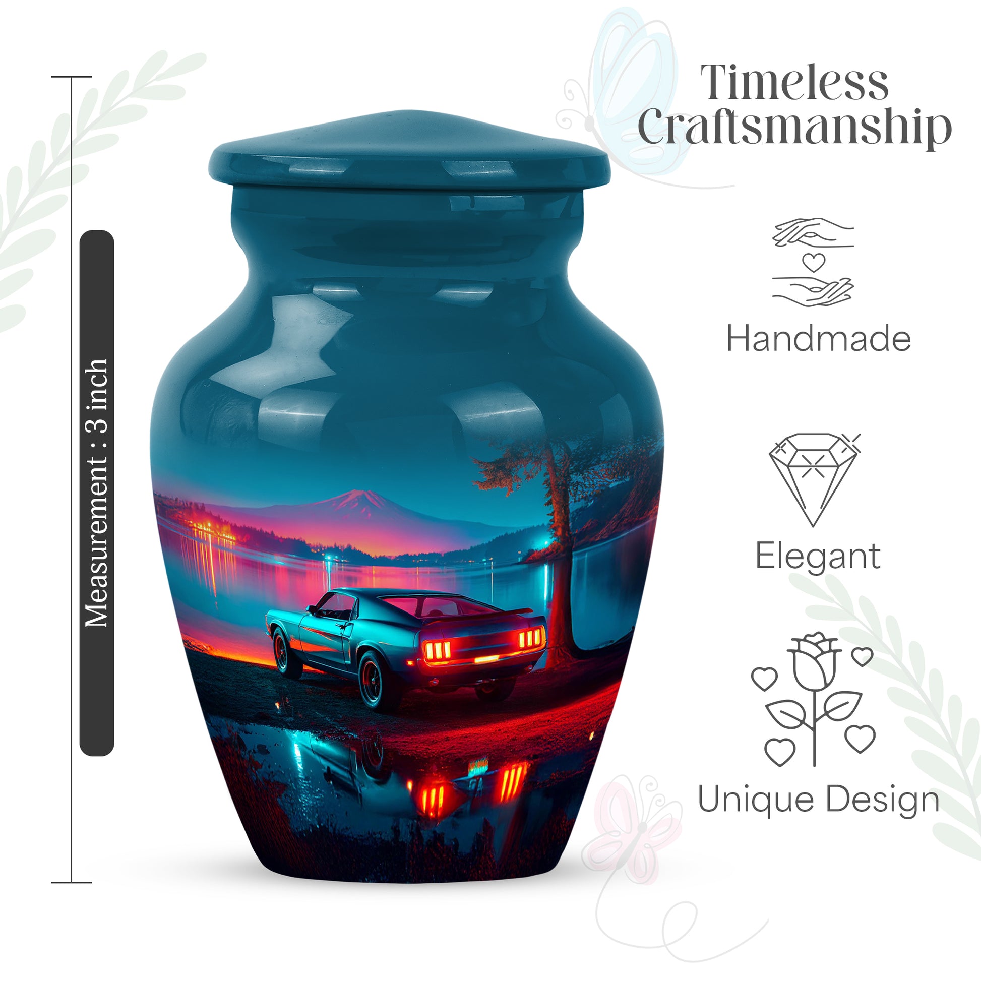 Serene Blue Car Cremation Urn close-up of engraving and surface detail - elegant classic car relief with fine detailing - mini keepsake memorial for portion of cremation ashes