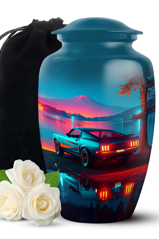 Azure Car Cremation Urn angled view of lid and engraved motif - classic sculpted car pattern on smooth aluminum - full-size 10 inch 200 cubic inch adult cremation urn