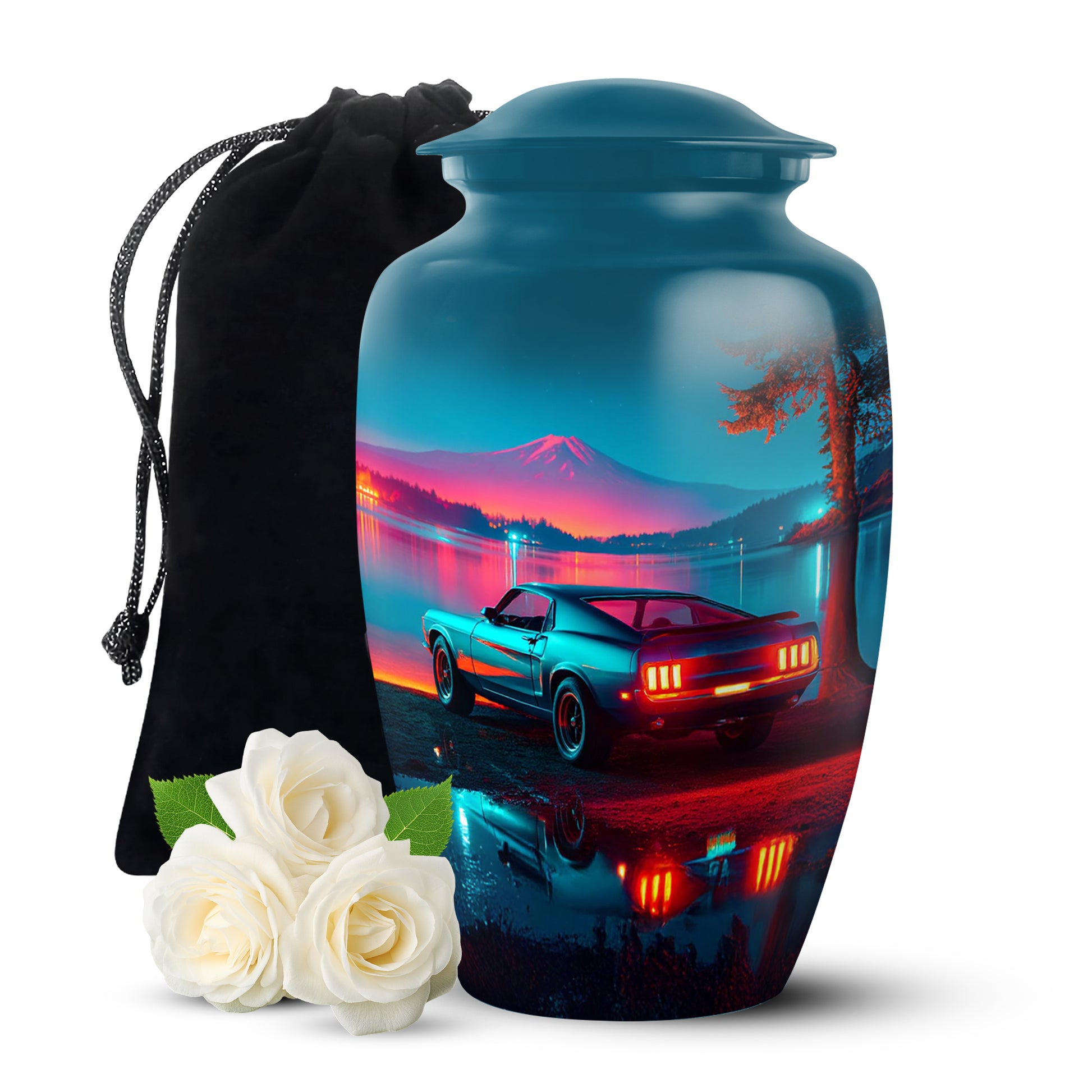 Azure Car Cremation Urn angled view of lid and engraved motif - classic sculpted car pattern on smooth aluminum - full-size 10 inch 200 cubic inch adult cremation urn