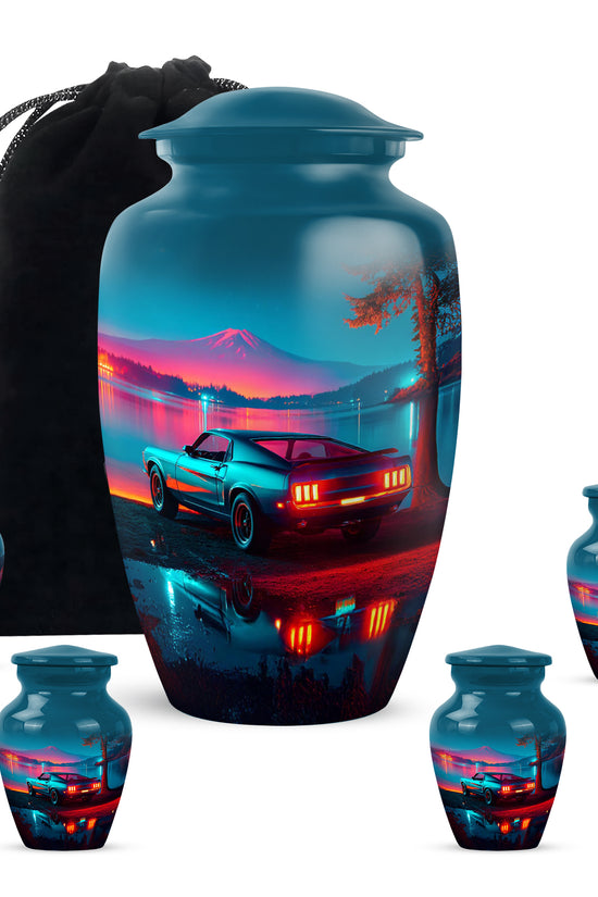 Twilight Blue Car Cremation Urn top-down view of secure threaded lid - elegant classic car relief with fine detailing - memorial set with one large and four small urns