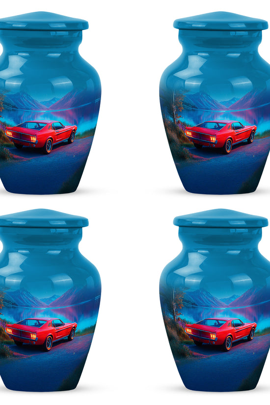 Cobalt Blue Car Cremation Urn side profile showing urn shape - elegant classic car relief with fine detailing - 10 inch aluminum urn for cremated remains
