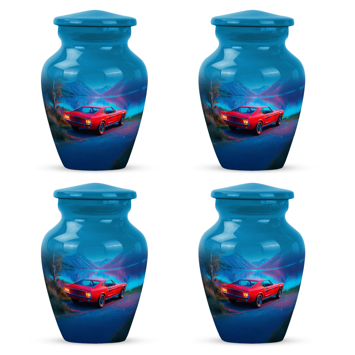 Cobalt Blue Car Cremation Urn side profile showing urn shape - elegant classic car relief with fine detailing - 10 inch aluminum urn for cremated remains
