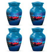Cobalt Blue Car Cremation Urn side profile showing urn shape - elegant classic car relief with fine detailing - 10 inch aluminum urn for cremated remains
