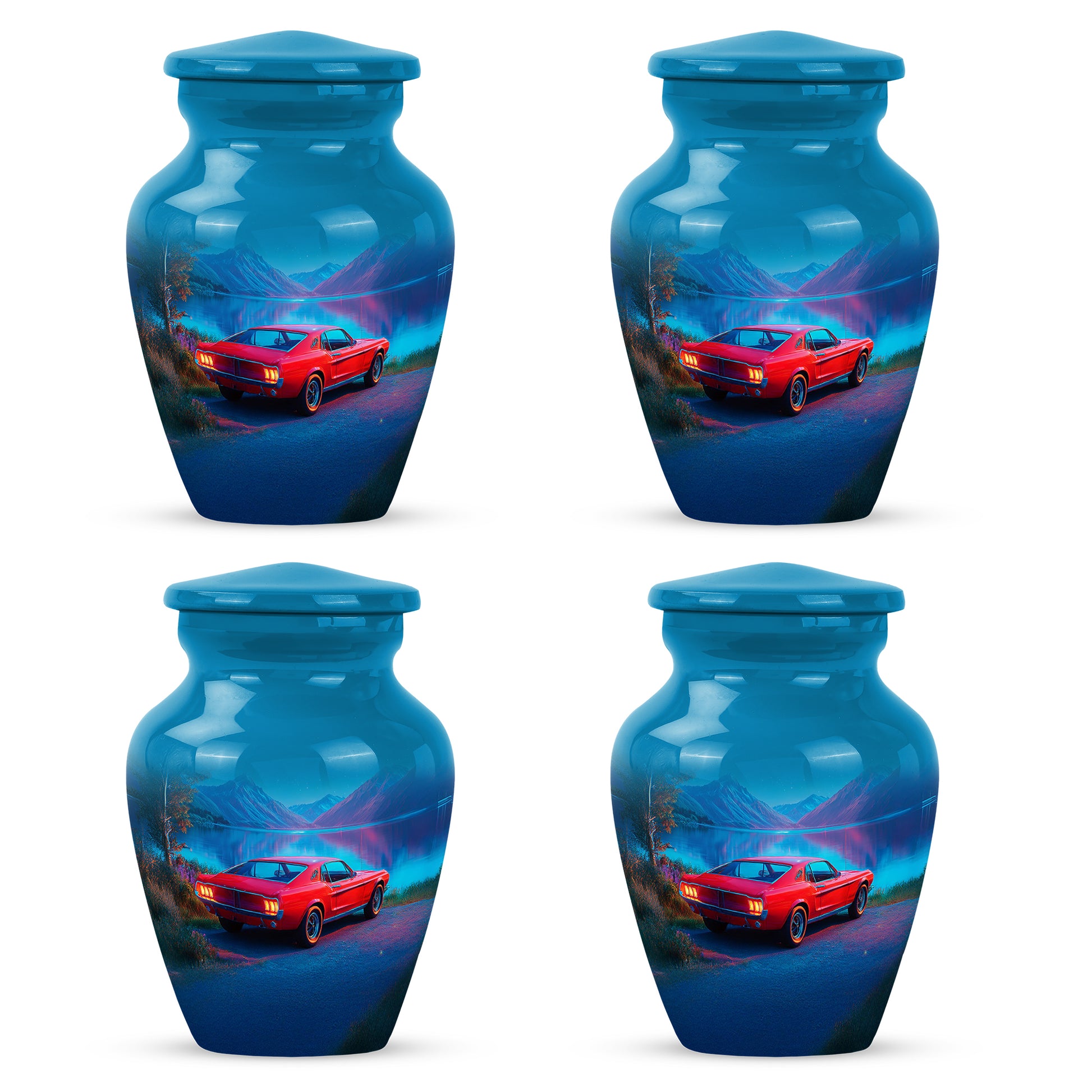 Cobalt Blue Car Cremation Urn side profile showing urn shape - elegant classic car relief with fine detailing - 10 inch aluminum urn for cremated remains