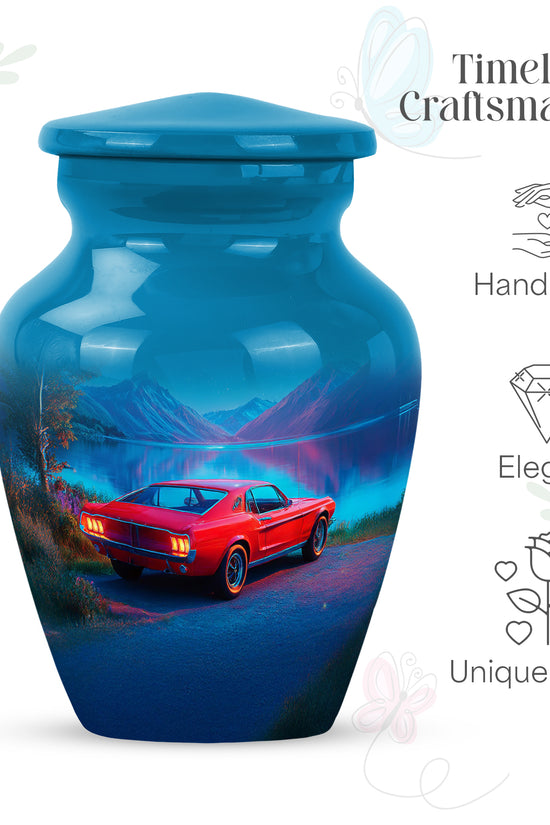 Slate Blue Car Cremation Urn close-up of engraving and surface detail - timeless car motif etched into premium metal - mini keepsake memorial for portion of cremation ashes