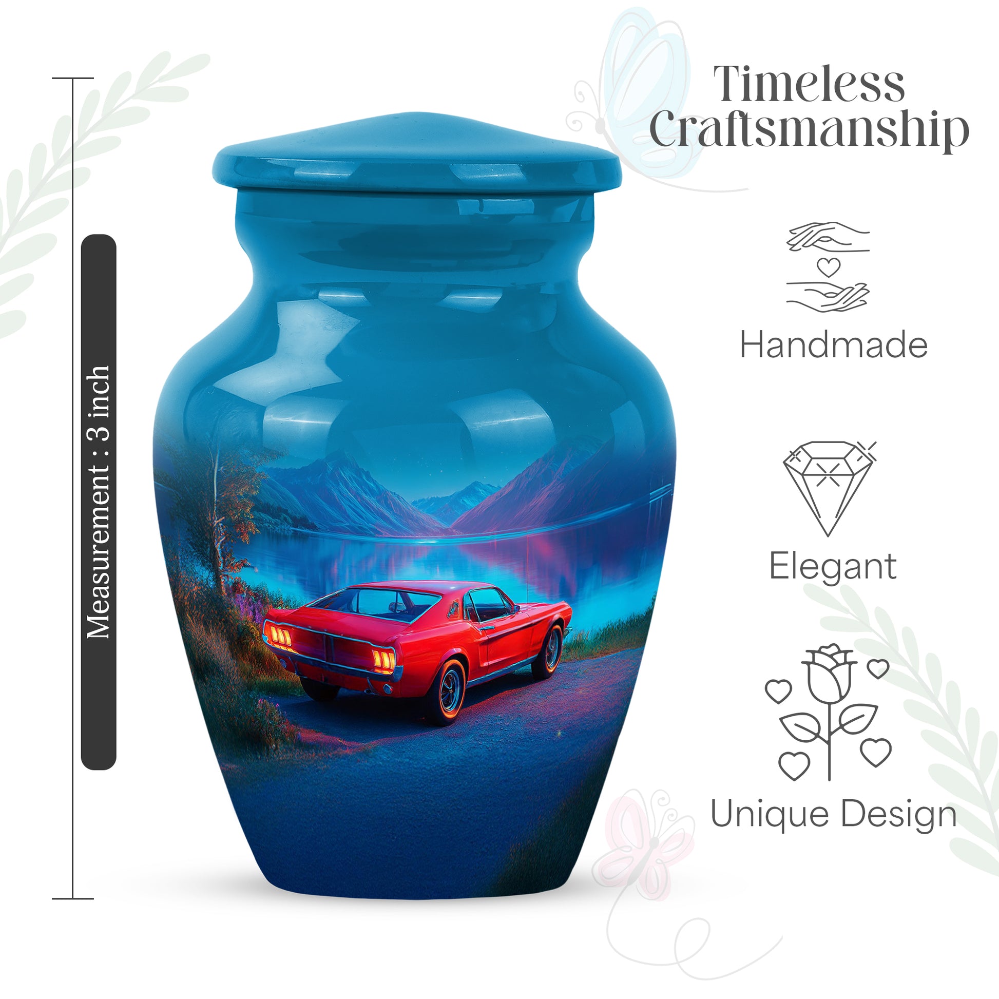 Slate Blue Car Cremation Urn close-up of engraving and surface detail - timeless car motif etched into premium metal - mini keepsake memorial for portion of cremation ashes