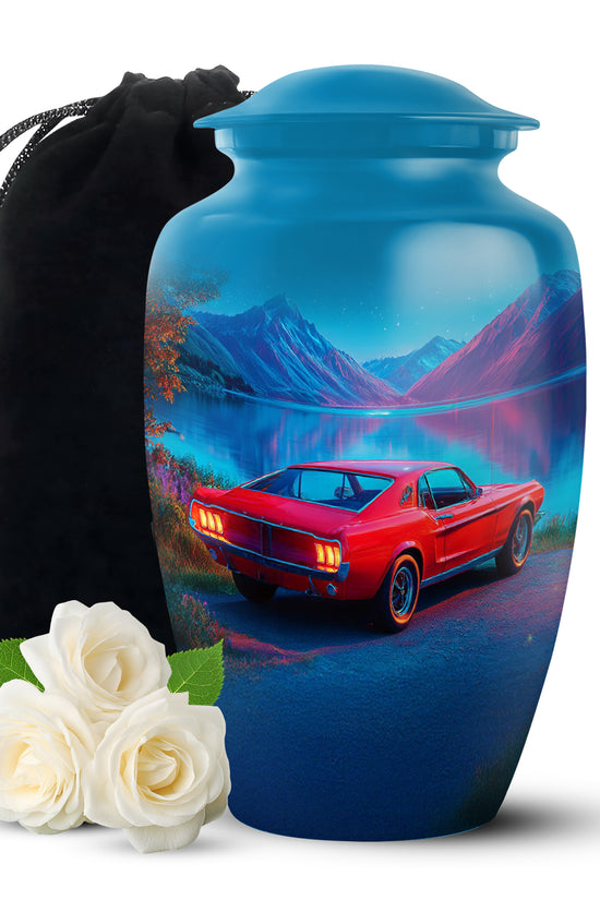 Icy Blue Car Cremation Urn angled view of lid and engraved motif - classic sculpted car pattern on smooth aluminum - full-size 10 inch 200 cubic inch adult cremation urn