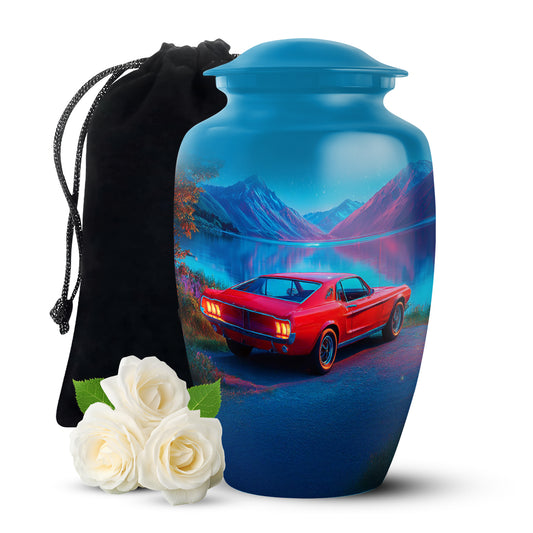 Icy Blue Car Cremation Urn angled view of lid and engraved motif - classic sculpted car pattern on smooth aluminum - full-size 10 inch 200 cubic inch adult cremation urn