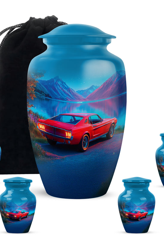 Icy Blue Car Cremation Urn top-down view of secure threaded lid - timeless car motif etched into premium metal - memorial set with one large and four small urns