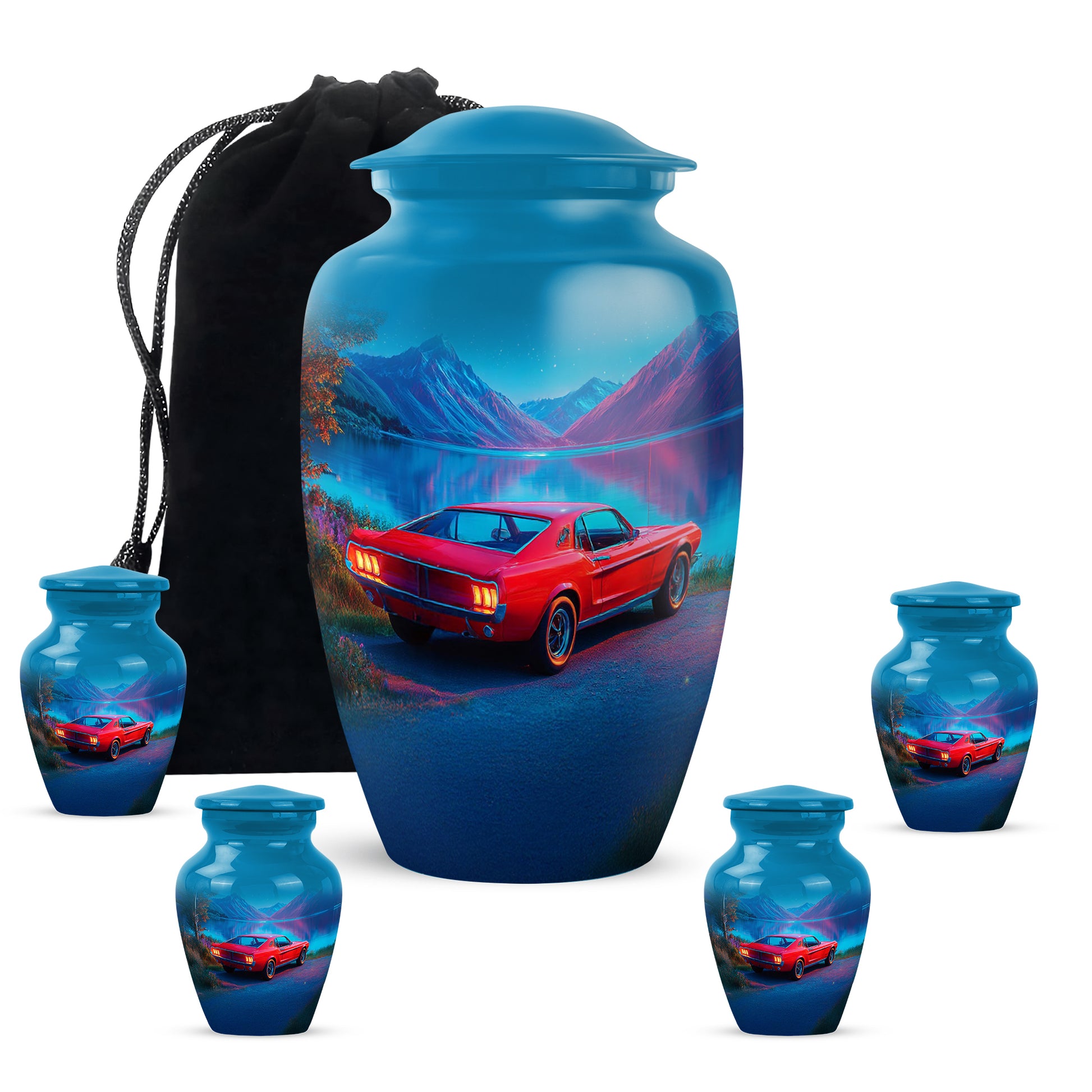 Icy Blue Car Cremation Urn top-down view of secure threaded lid - timeless car motif etched into premium metal - memorial set with one large and four small urns