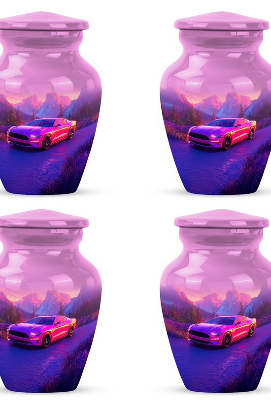 Dusty Pink Car Cremation Urn side profile showing urn shape - traditional car engraving with hand-polished finish - 10 inch aluminum urn for cremated remains