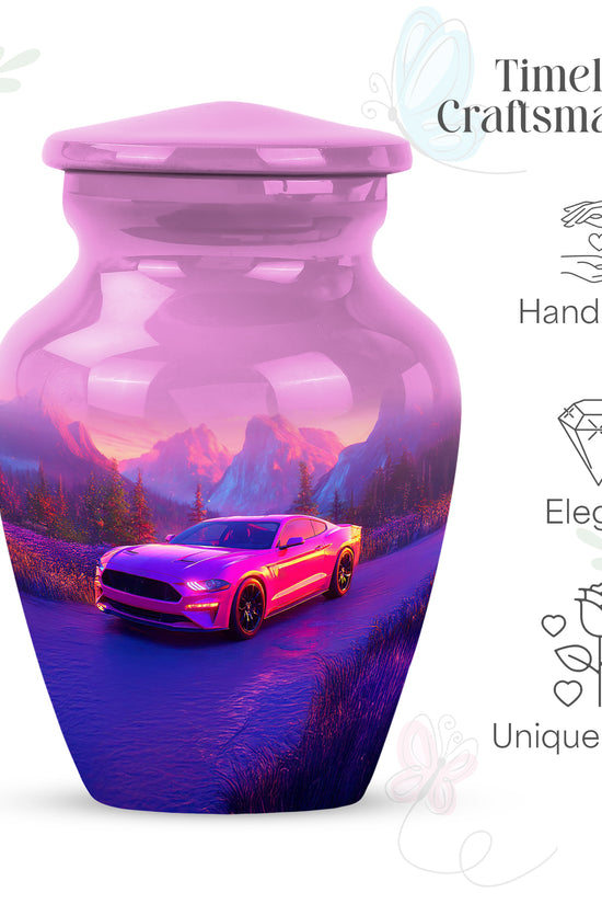 Peony Pink Car Cremation Urn close-up of engraving and surface detail - timeless car motif etched into premium metal - mini keepsake memorial for portion of cremation ashes