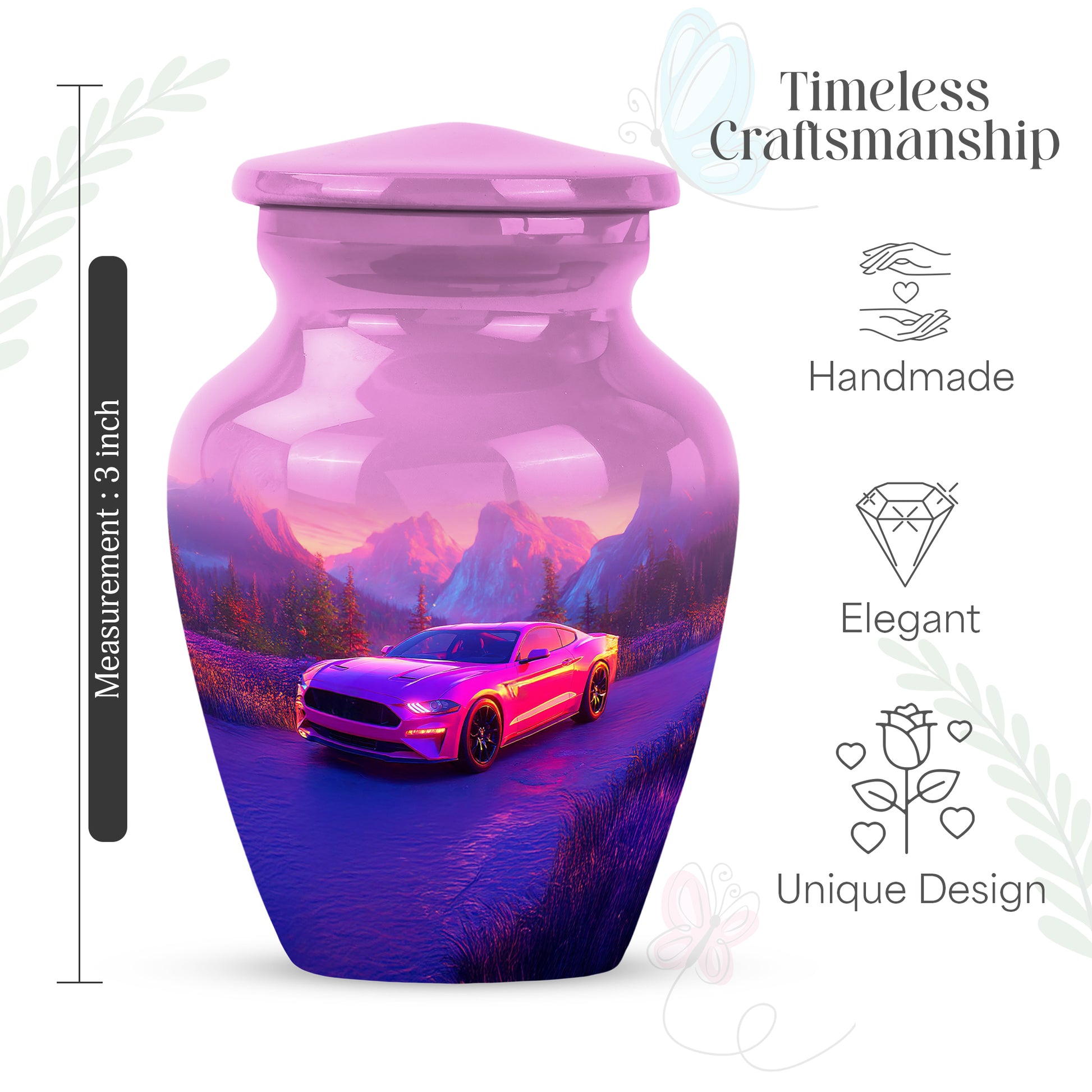 Peony Pink Car Cremation Urn close-up of engraving and surface detail - timeless car motif etched into premium metal - mini keepsake memorial for portion of cremation ashes