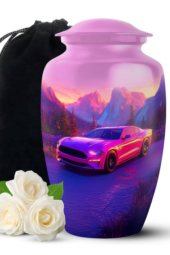 Blush Pink Car Cremation Urn angled view of lid and engraved motif - timeless car motif etched into premium metal - full-size 10 inch 200 cubic inch adult cremation urn