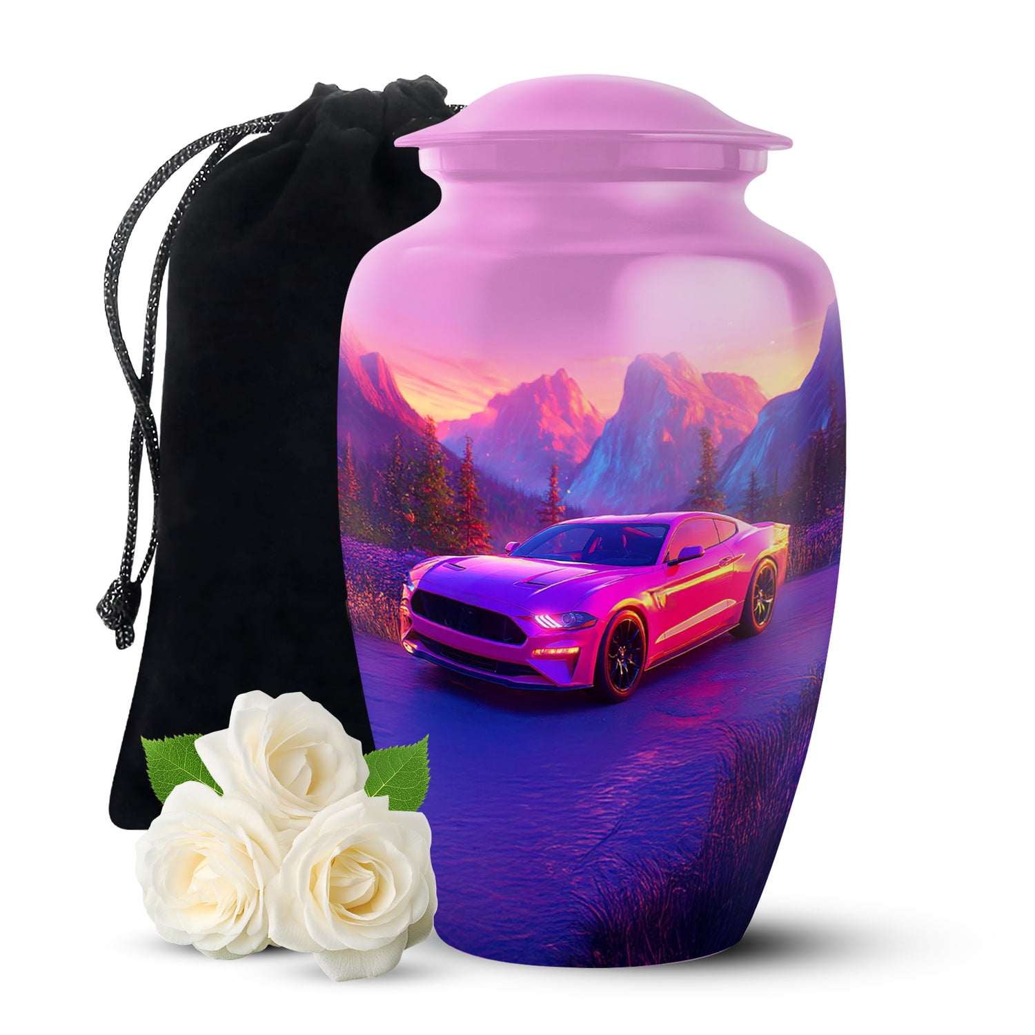 Blush Pink Car Cremation Urn angled view of lid and engraved motif - timeless car motif etched into premium metal - full-size 10 inch 200 cubic inch adult cremation urn