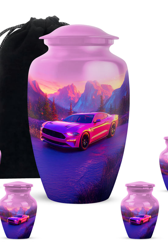 Soft Pink Car Cremation Urn top-down view of secure threaded lid - traditional car engraving with hand-polished finish - memorial set with one large and four small urns