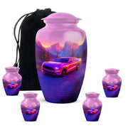 Soft Pink Car Cremation Urn top-down view of secure threaded lid - traditional car engraving with hand-polished finish - memorial set with one large and four small urns