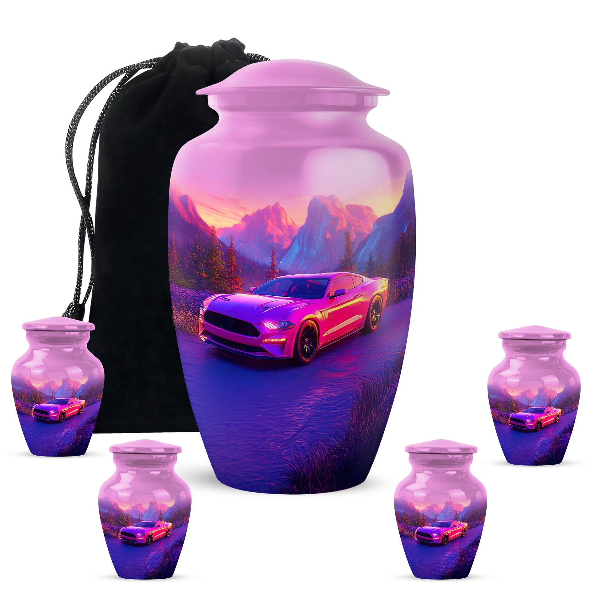 Soft Pink Car Cremation Urn top-down view of secure threaded lid - traditional car engraving with hand-polished finish - memorial set with one large and four small urns