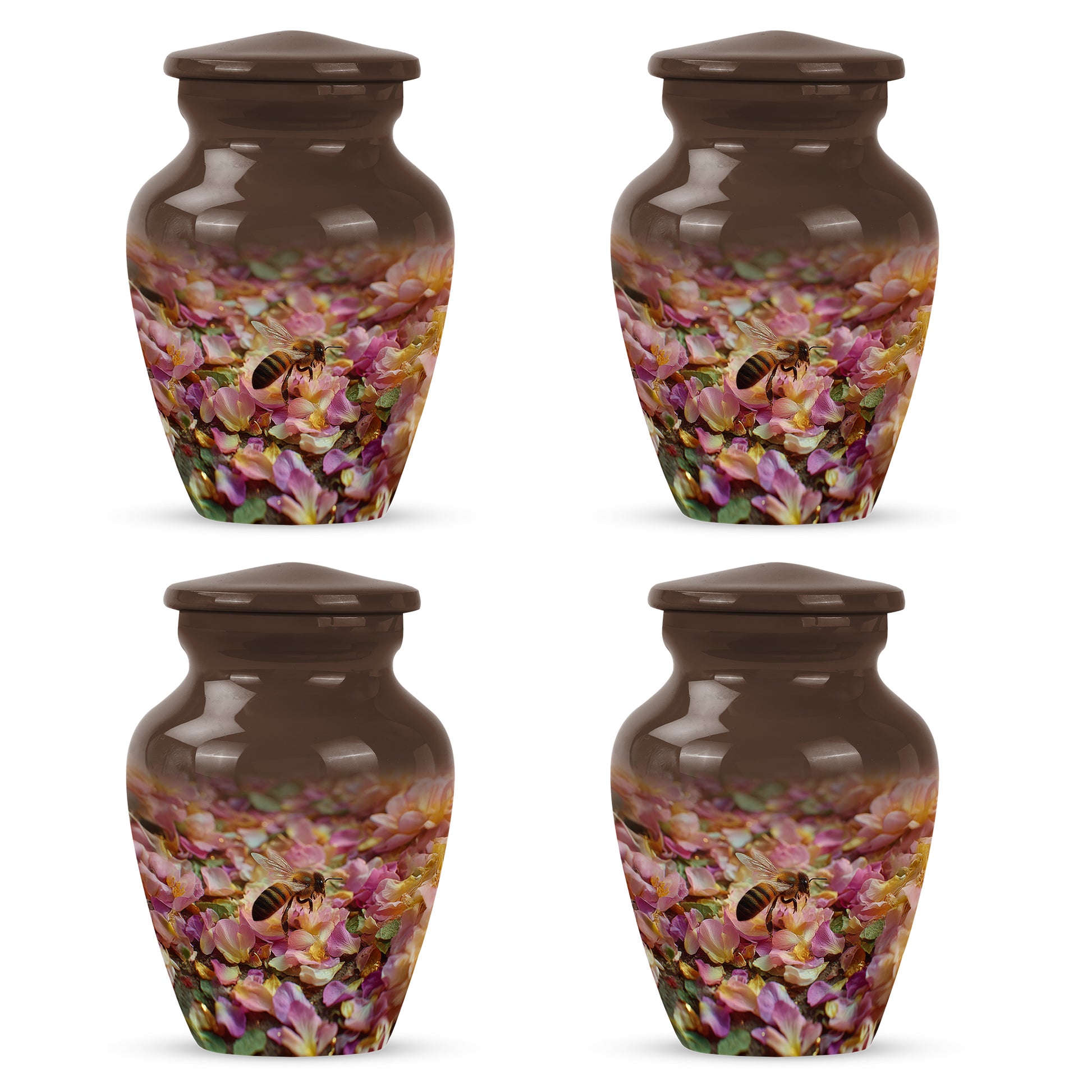 Champagne Gold Bee Cremation Urn side profile showing urn shape - classic sculpted bee pattern on smooth aluminum - 10 inch aluminum urn for cremated remains