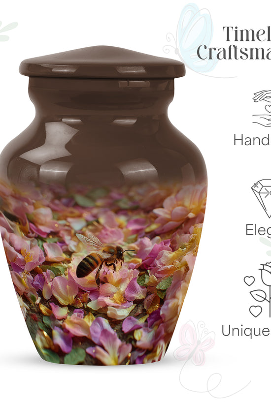 Burnished Gold Bee Cremation Urn close-up of engraving and surface detail - elegant classic bee relief with fine detailing - mini keepsake memorial for portion of cremation ashes