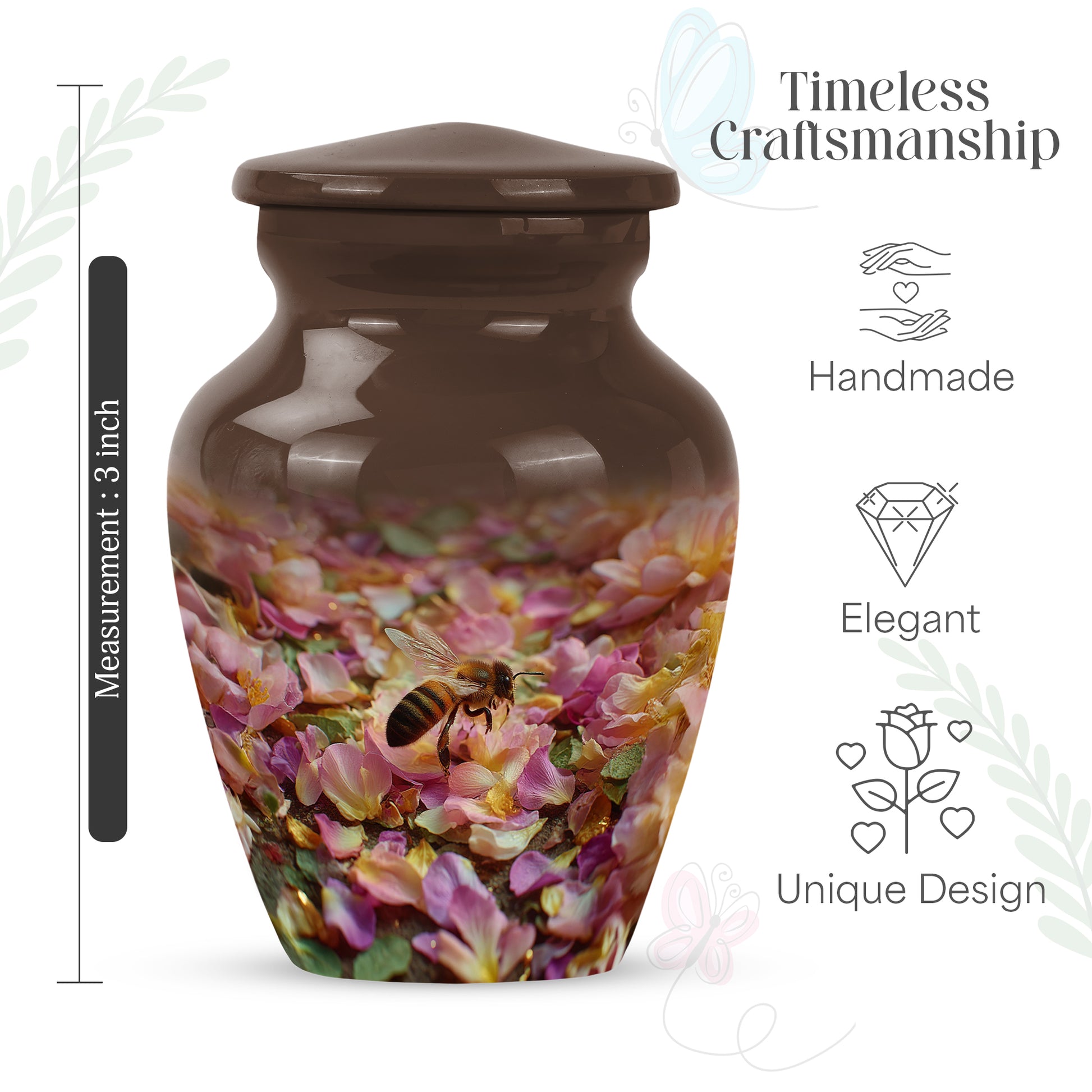 Burnished Gold Bee Cremation Urn close-up of engraving and surface detail - elegant classic bee relief with fine detailing - mini keepsake memorial for portion of cremation ashes